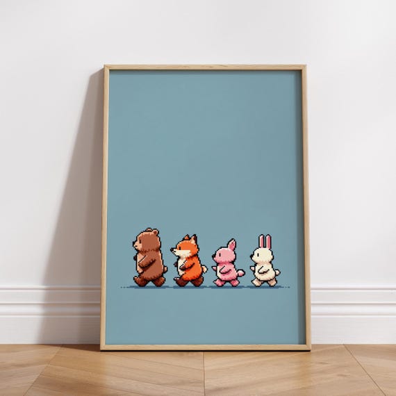 8bit Animal Parade Poster Cute Pixel Art Wall Print Bear Fox Bunny Nursery Decor Kawaii Pastel Kids Room Physical