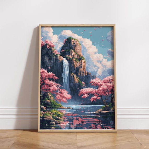 Pixel Art Waterfall Cherry Blossom Lake Dreamy Nature Scene Poster
