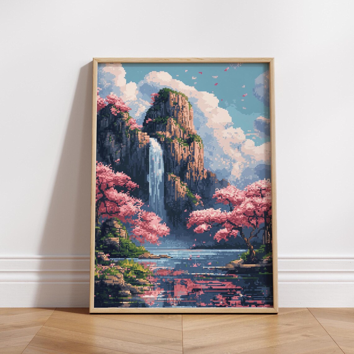 Blossom Waterfall Poster Cherry Art Print Nature Wall Decor Nursery Japanese Landscape
