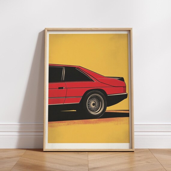 Retro 80s Car Art Poster Vintage Automobile Wall Decor Yellow And Red Print Lovers Home Decoration