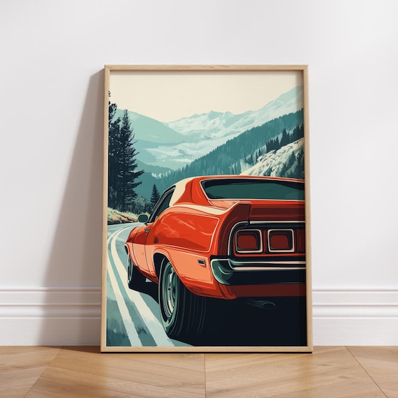Classic Red Muscle Car on Mountain Road Vintage Auto Art Poster