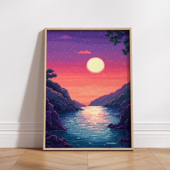 Pixel Art Sunset Lake Purple Sky Retro Starry Night Gaming Poster