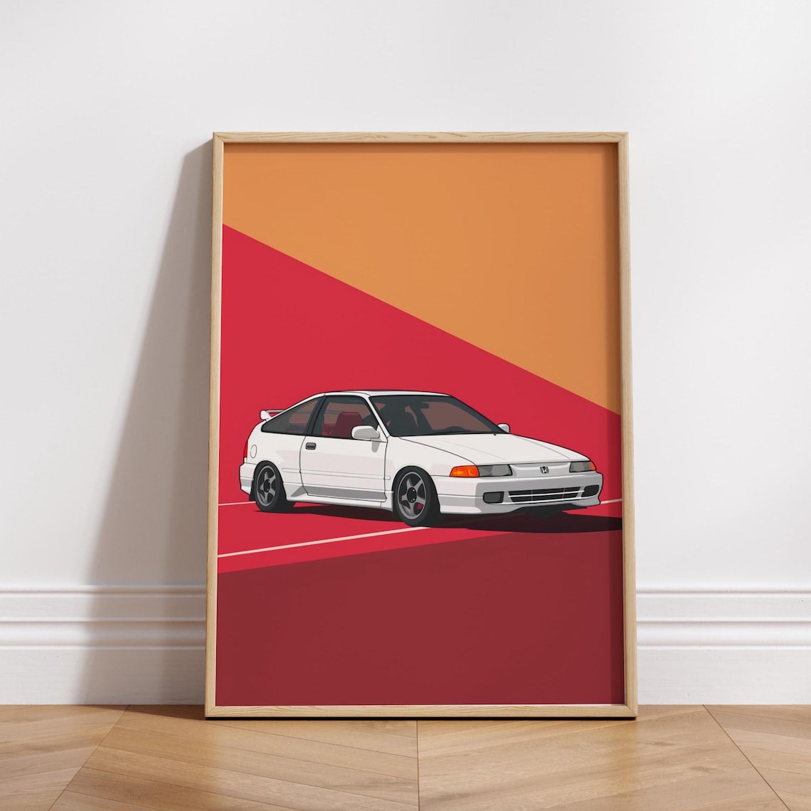 White Honda CR X Coupe on Red Minimal Classic Car Art Poster