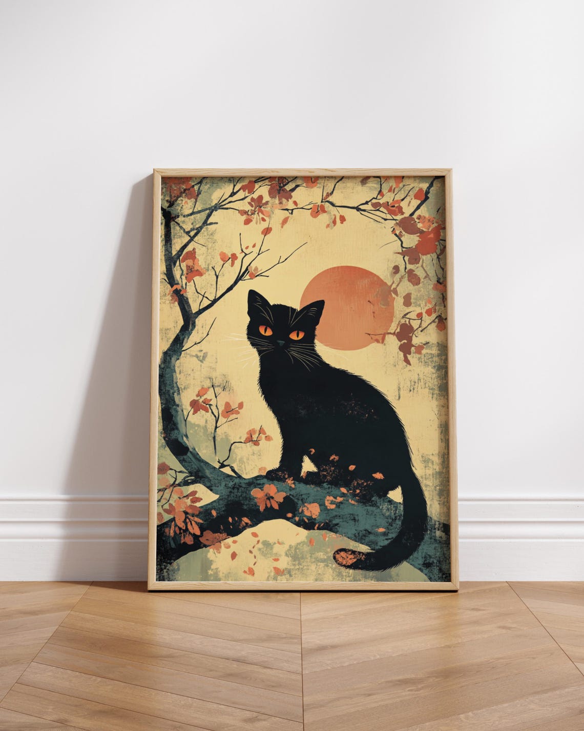 Black Cat on Tree Branch with Red Sun Japanese Style Art Poster