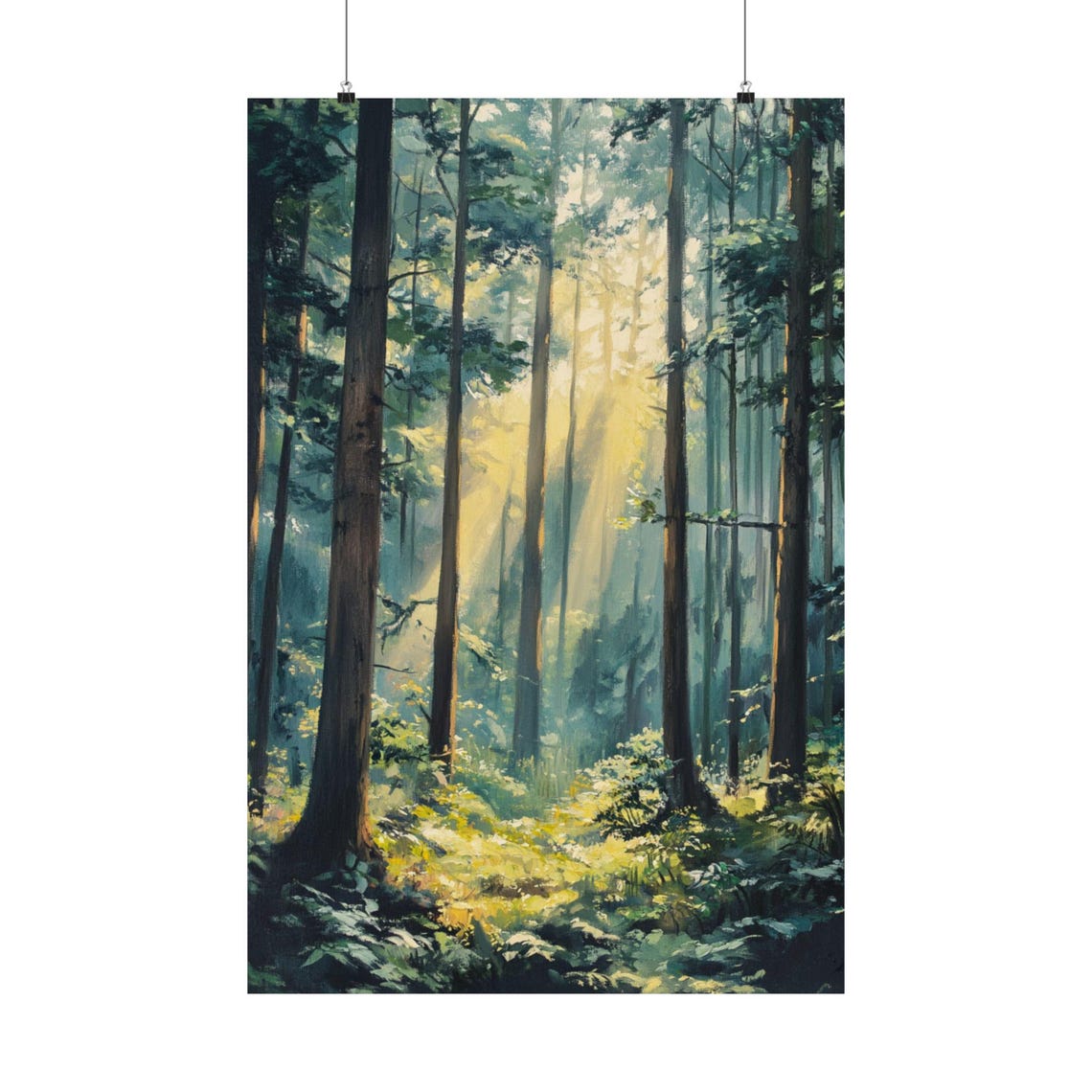 Sunbeams Filtering Through Tall Serene Forest Painterly Art Poster - Image 2