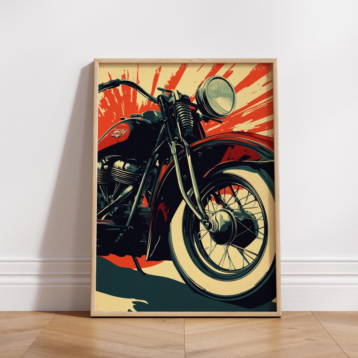 Vintage Red Black Motorcycle Sunburst Retro Biker Garage Poster
