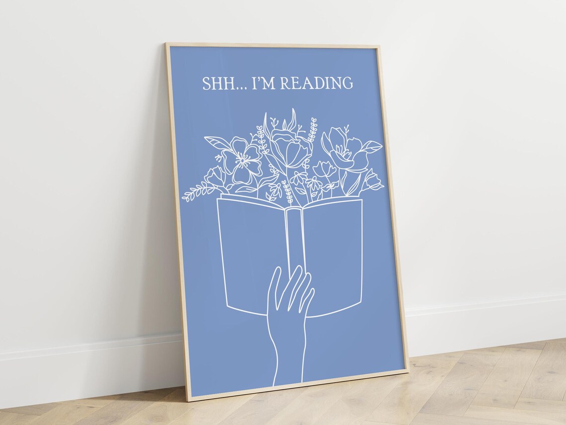 Shh Im Reading Blue Line Art Book Flowers Bookish Quote Poster - Image 2