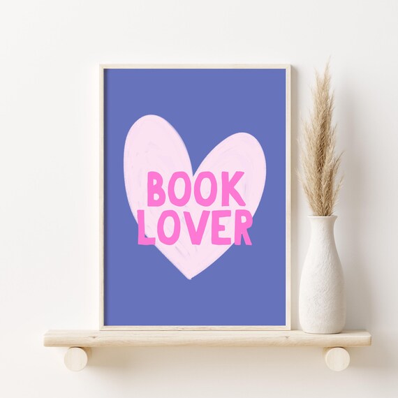Book Lover Pink Heart Blue Background Bookish Typographic Poster