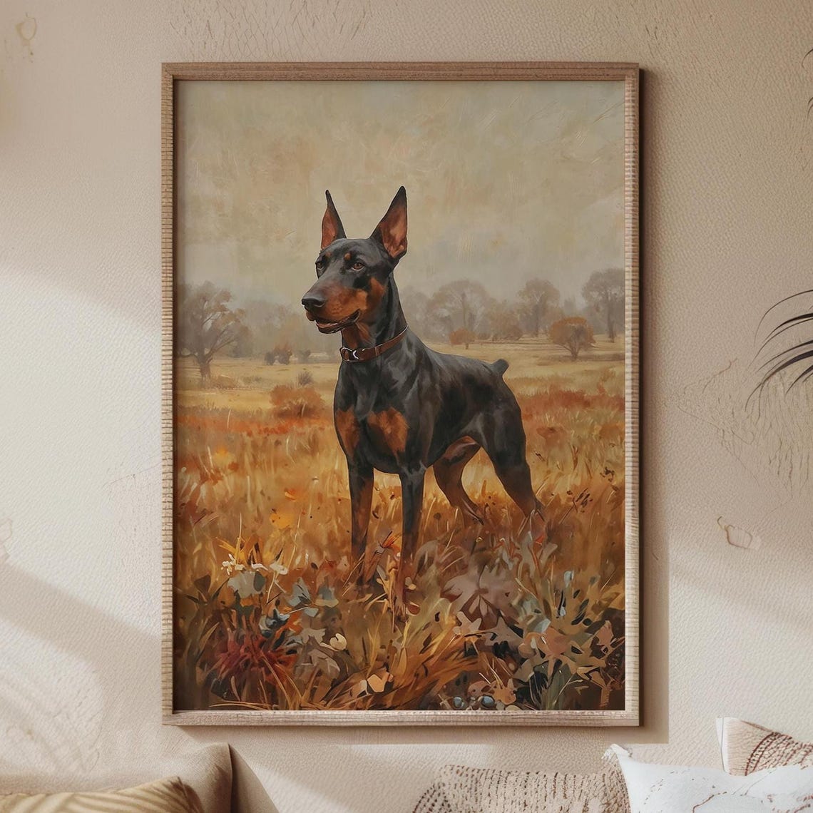 Doberman Standing in Autumn Field Rustic Dog Painting Poster