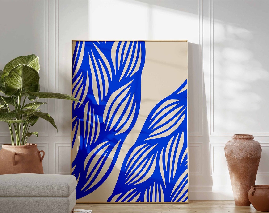 Royal Blue Abstract Leaf Pattern Botanical Modern Statement Print