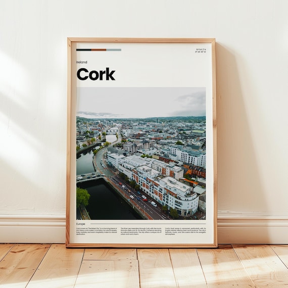 Cork Ireland Aerial City View Travel Poster with River and Historic Streets
