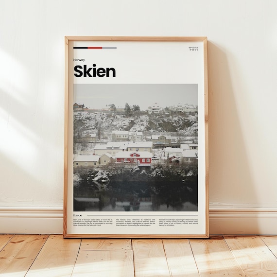 Skien Norway Winter Travel Poster Snowy Waterfront Red Houses Reflection