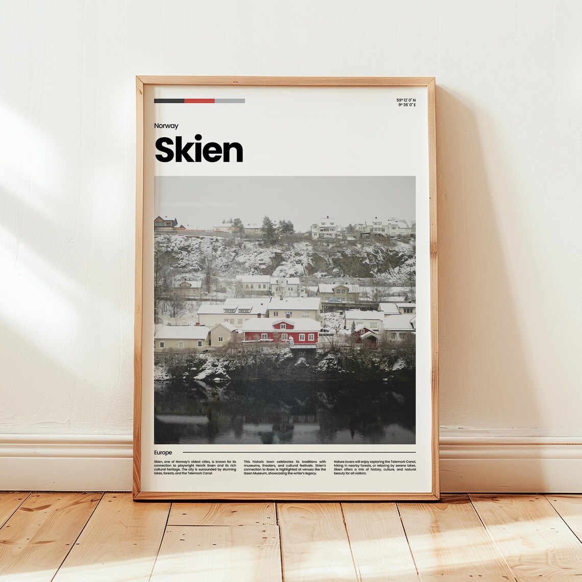 Skien Norway Winter Travel Poster Snowy Waterfront Red Houses Reflection