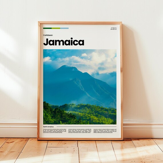 Jamaica Caribbean Green Mountains Landscape Modern Travel Poster
