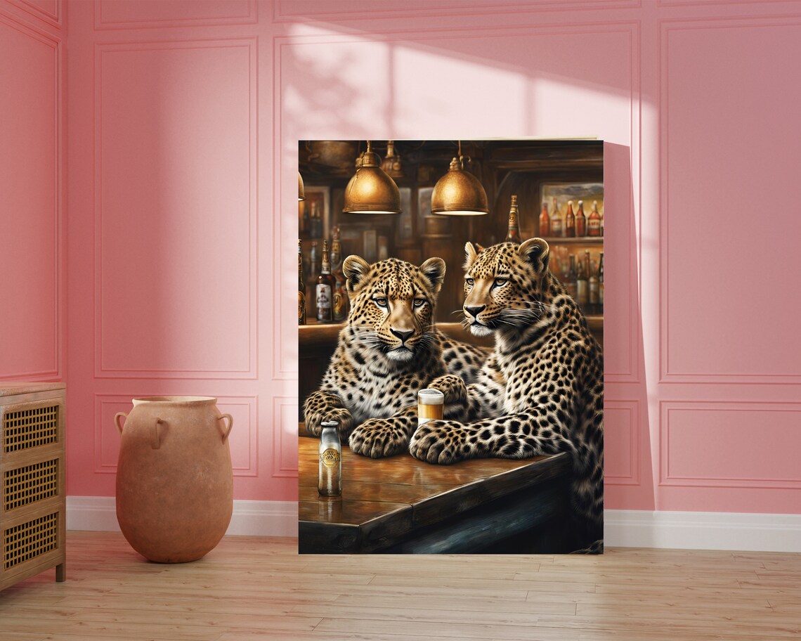 Leopards Drinking, Cute Quirky Animal Art Print - Image 4