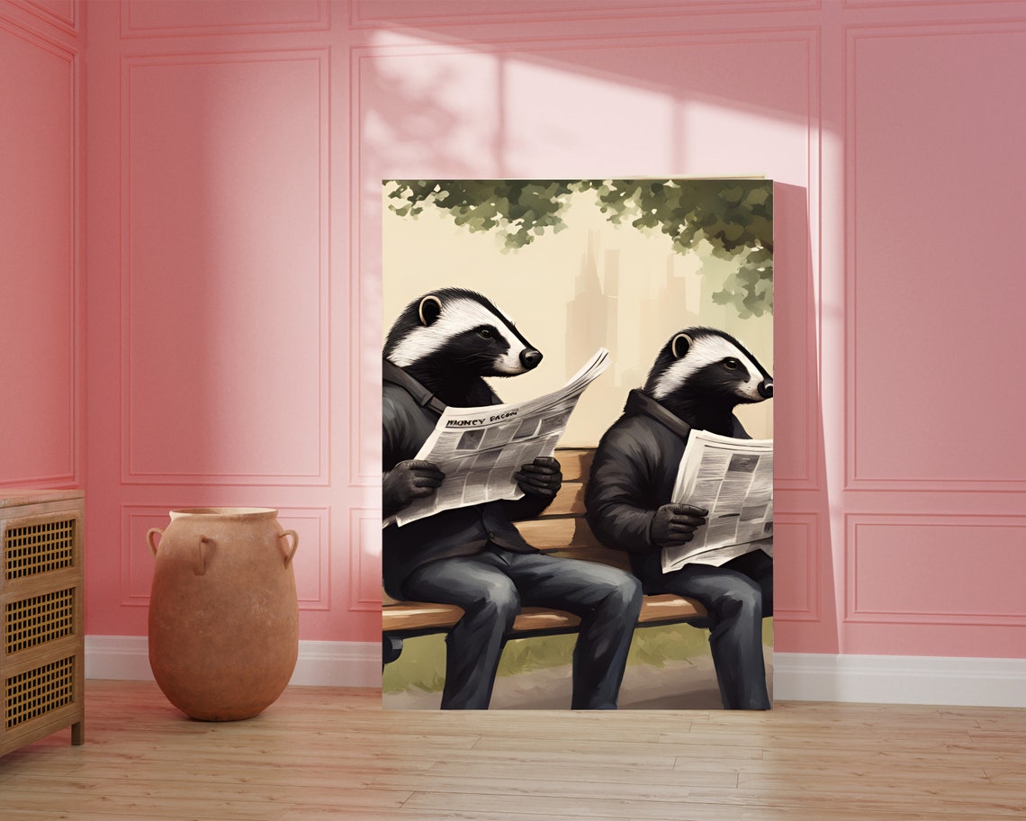 Funny Badgers Reading Newspapers on a Park Bench Quirky Poster - Image 4