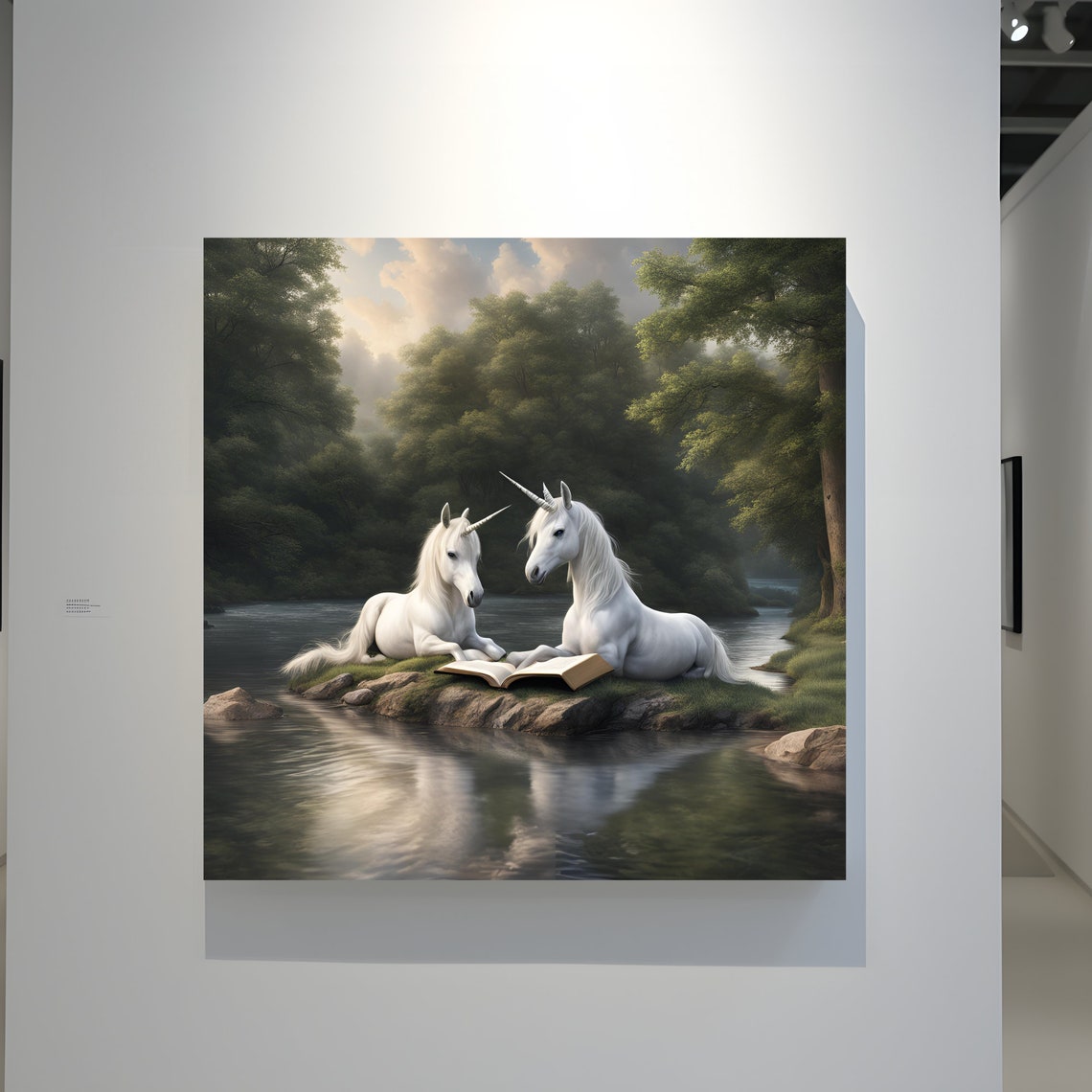 Whimsical White Unicorns Reading an Open Book by a River Poster - Image 3