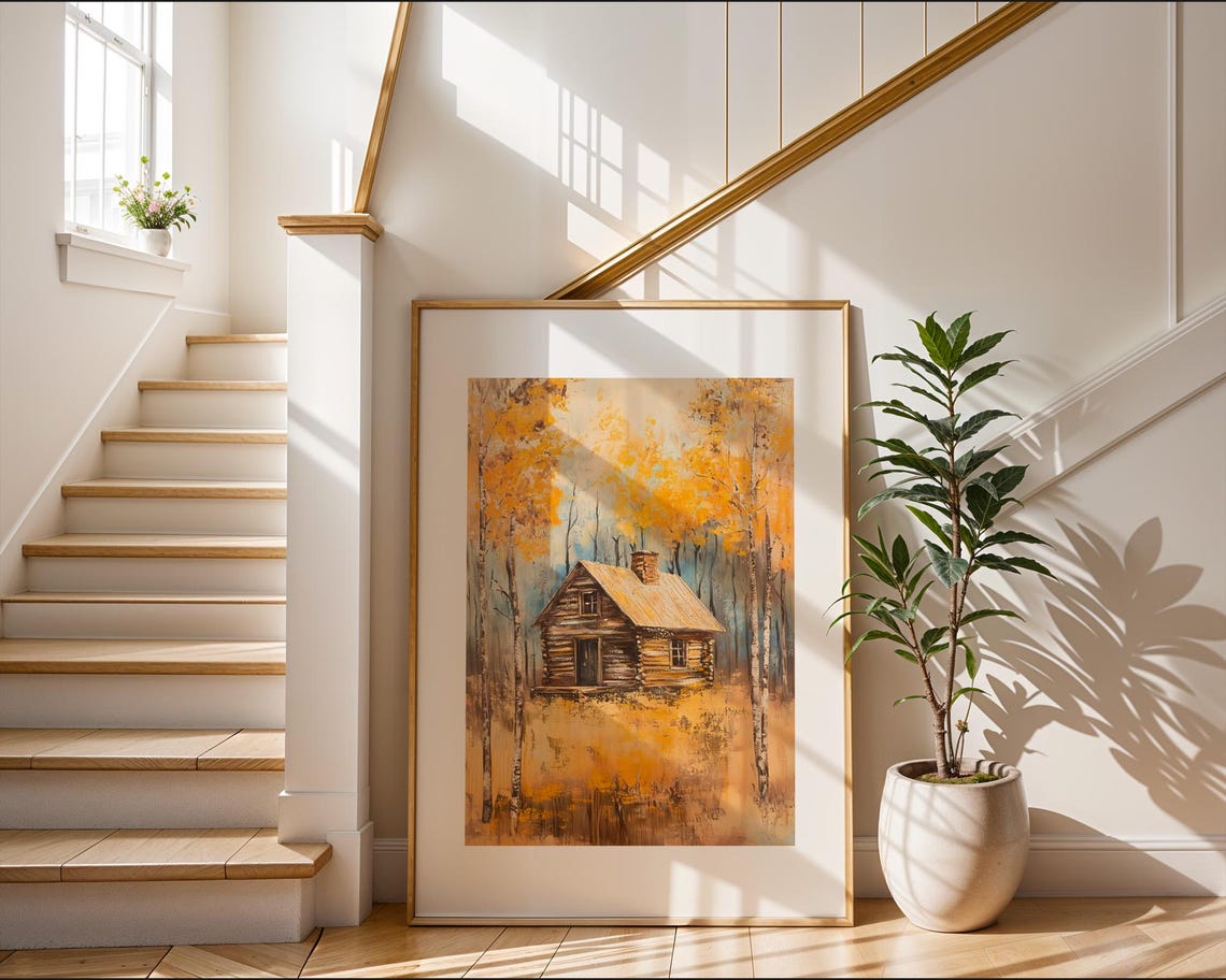 Autumn Log Cabin In Golden Forest Rustic Landscape Painting Poster - Image 2