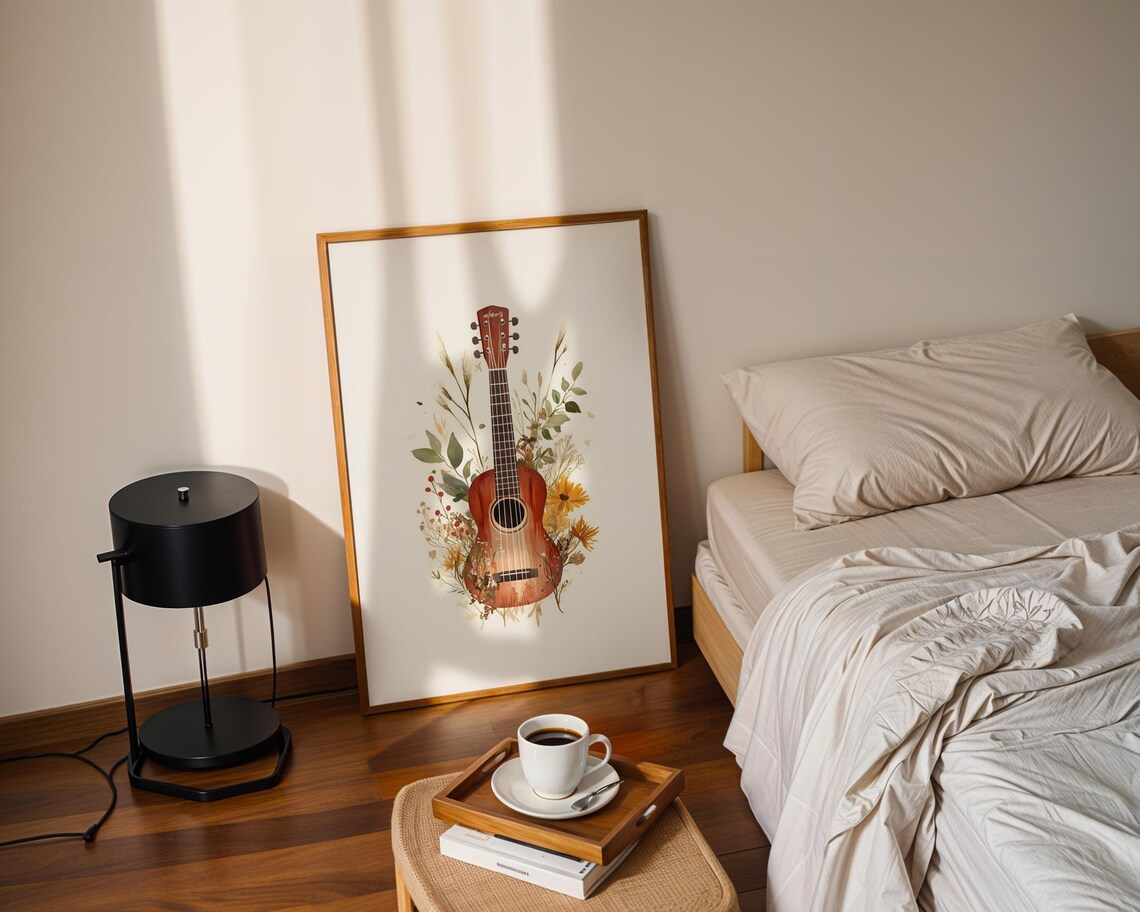 Acoustic Guitar Watercolor Boho Floral Botanical Music Art Poster - Image 3