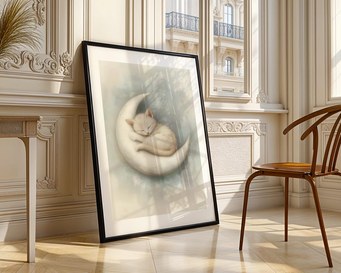 Adorable White Kitten Moon Nap Art Trendy Wall Room Decor Prints Print Poster Nursery Gift - Image 5