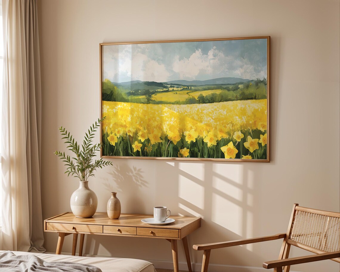 Endless Daffodil Field Under Bright Sky Cheerful Watercolor Poster