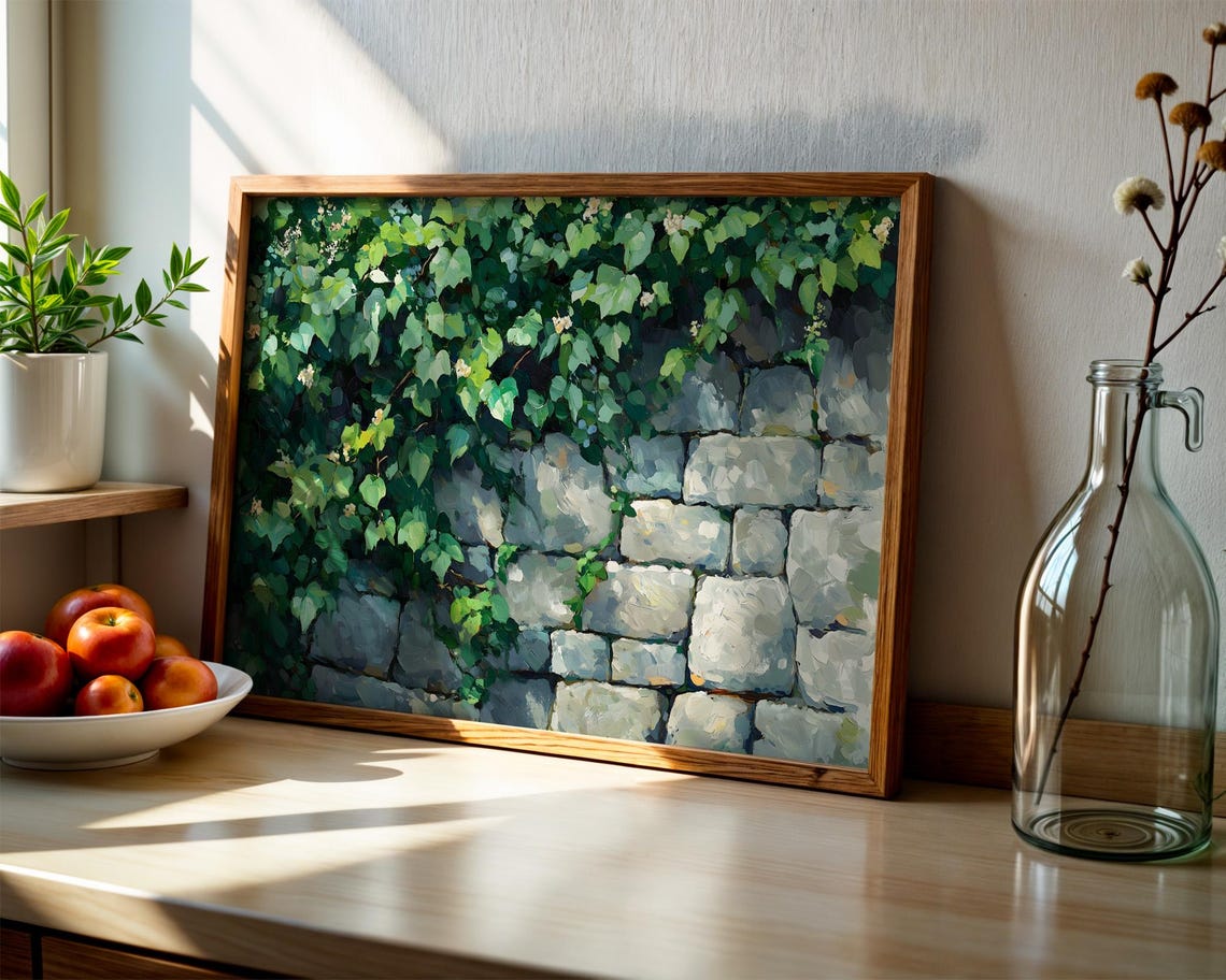 Green Ivy Cascading Over Rustic Stone Wall Botanical Art Poster - Image 2