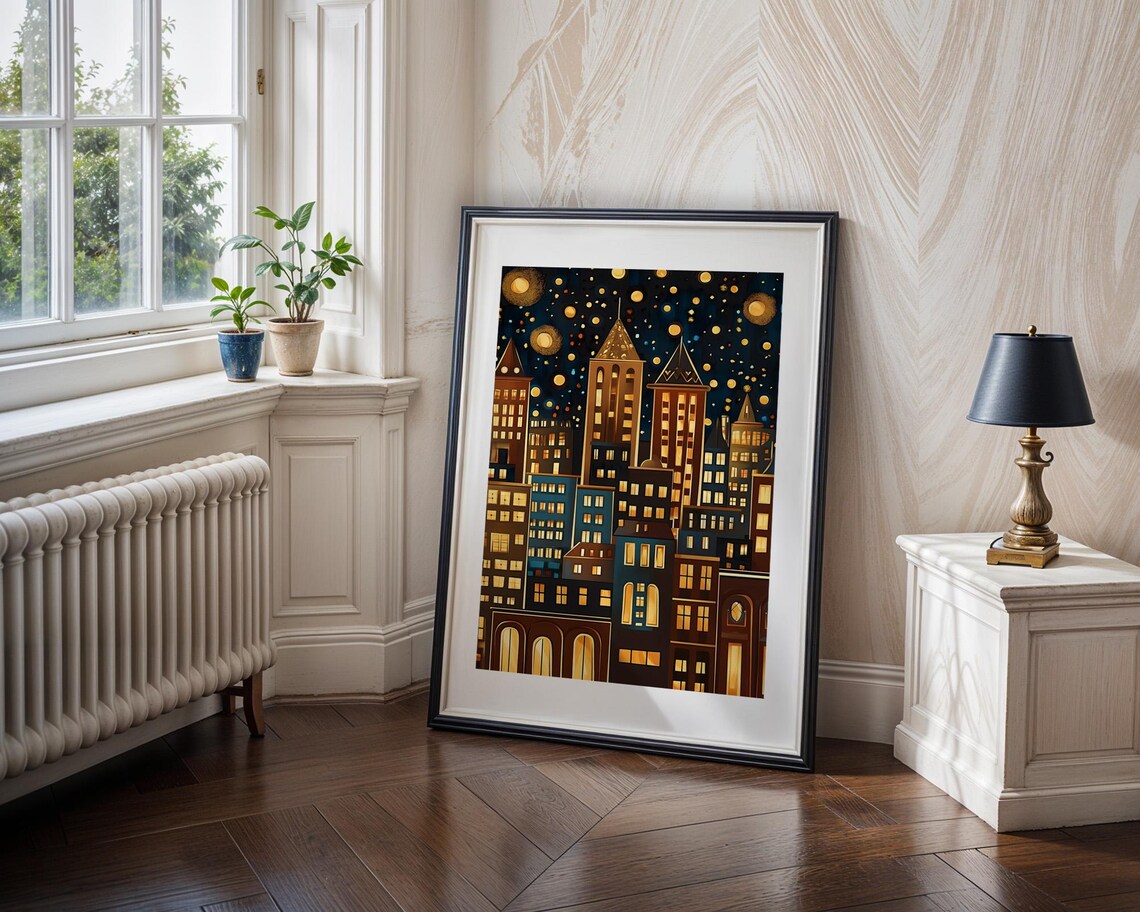 Golden City Night Lights Stylized Skyline Urban Starry Art Poster - Image 4