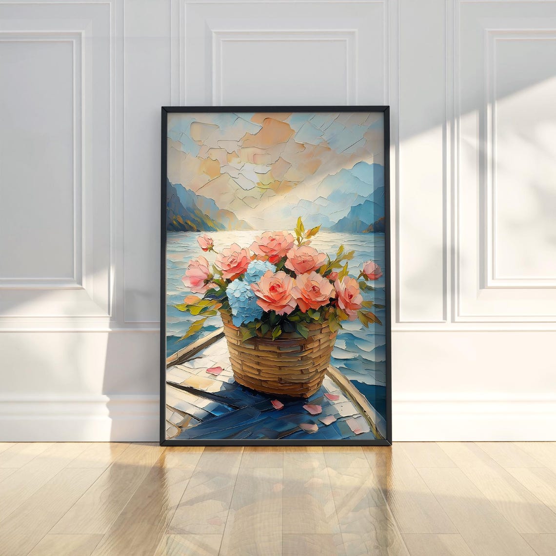 Pink Roses Blue Hydrangea Basket Lakeside Mosaic Style Poster