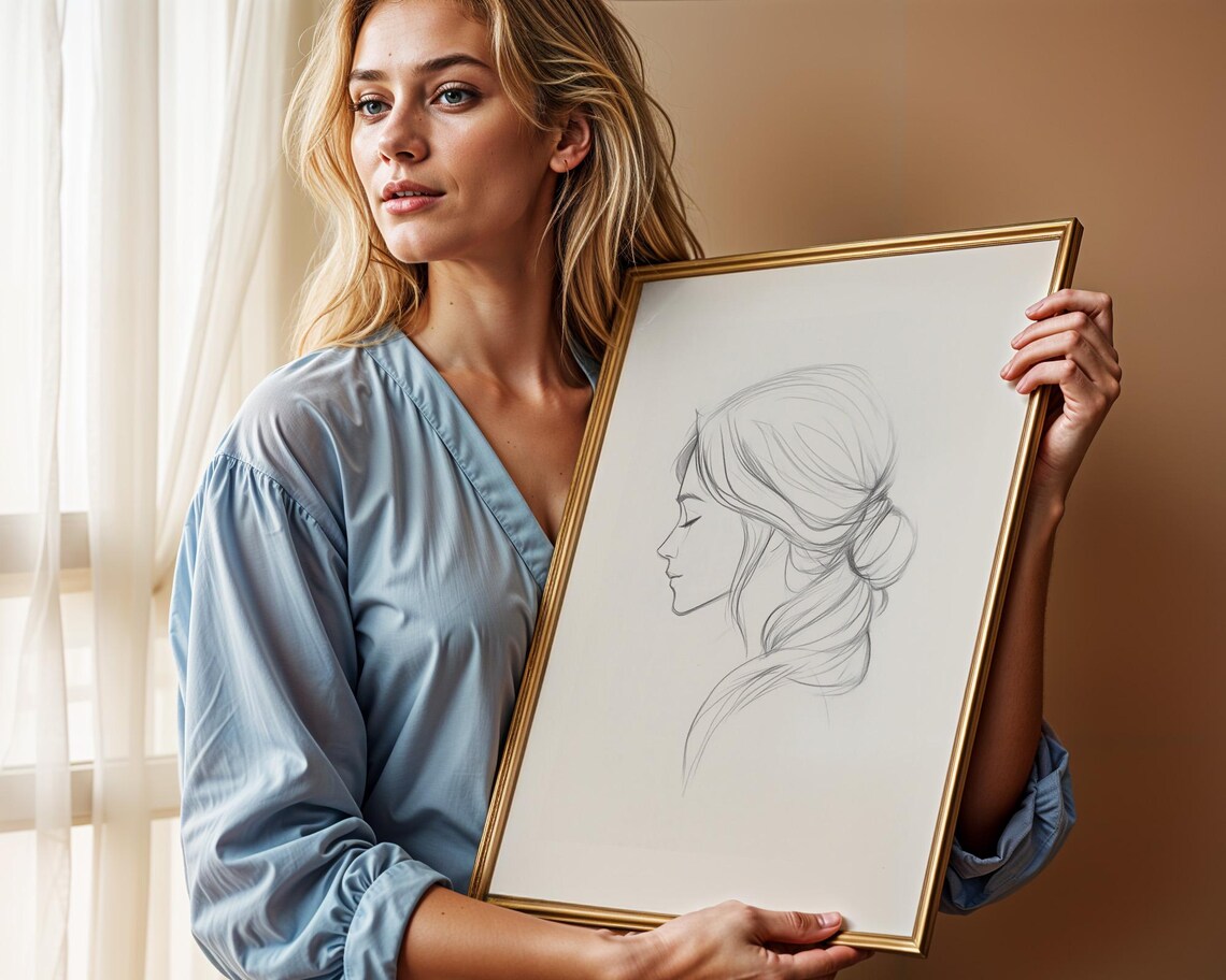 Serene Woman Profile Minimalist Pencil Sketch Line Drawing Poster - Image 2