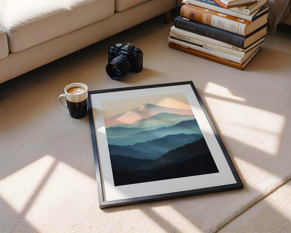 Mount Fuji Above Blue Misty Mountain Layers Minimal Art Poster - Image 5