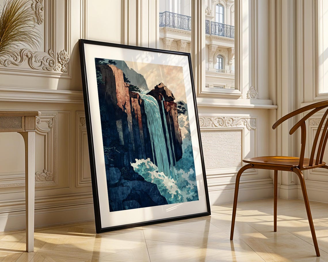 Japanese Waterfall Art Poster with Red Rock Cliffs and Blue Rapids - Image 3