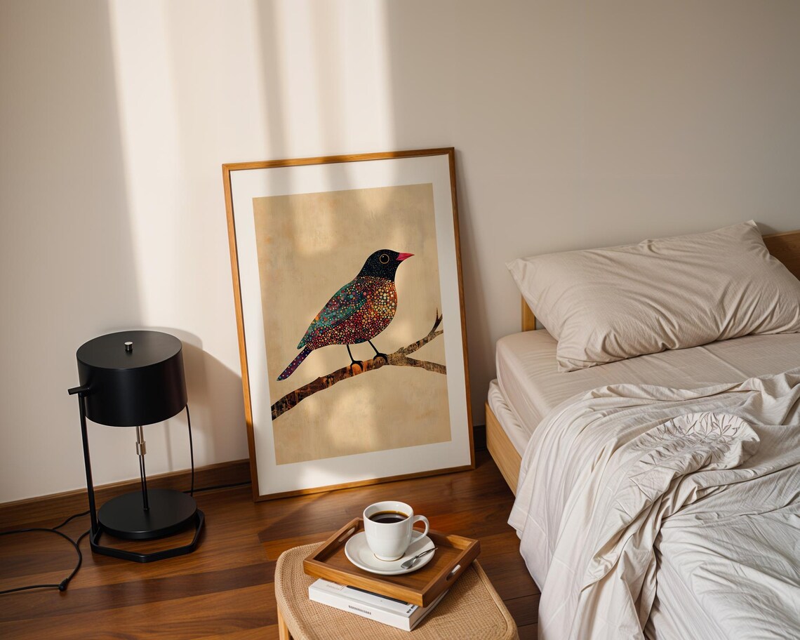 Colorful Mosaic Songbird On Branch Black Head Red Beak Wall Print - Image 2