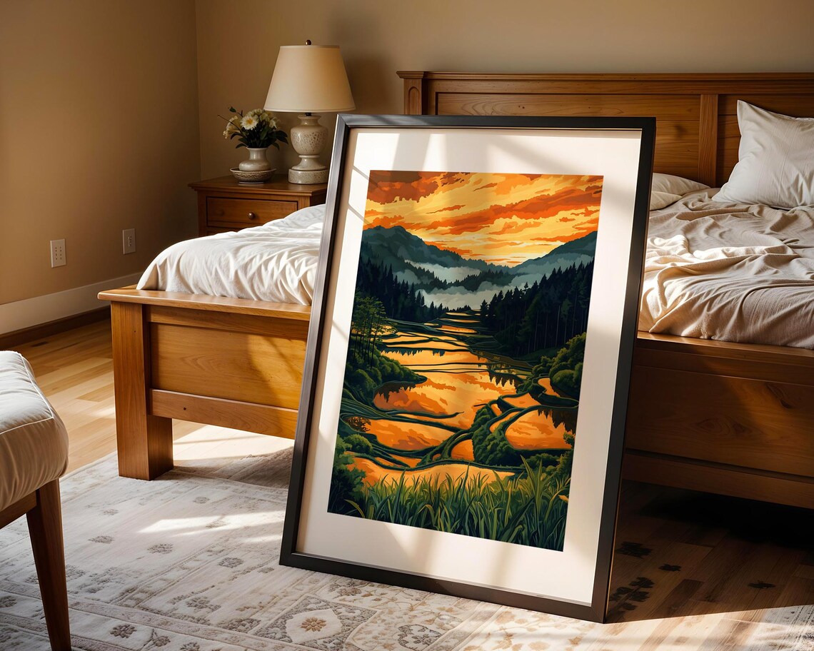 Vibrant Sunset Rice Terraces Colorful Painting Landscape Poster - Image 4