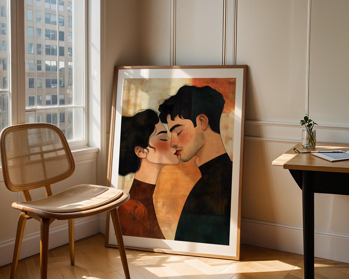 Romantic Couple Kiss Warm Orange Stylized Love Illustration Poster - Image 2