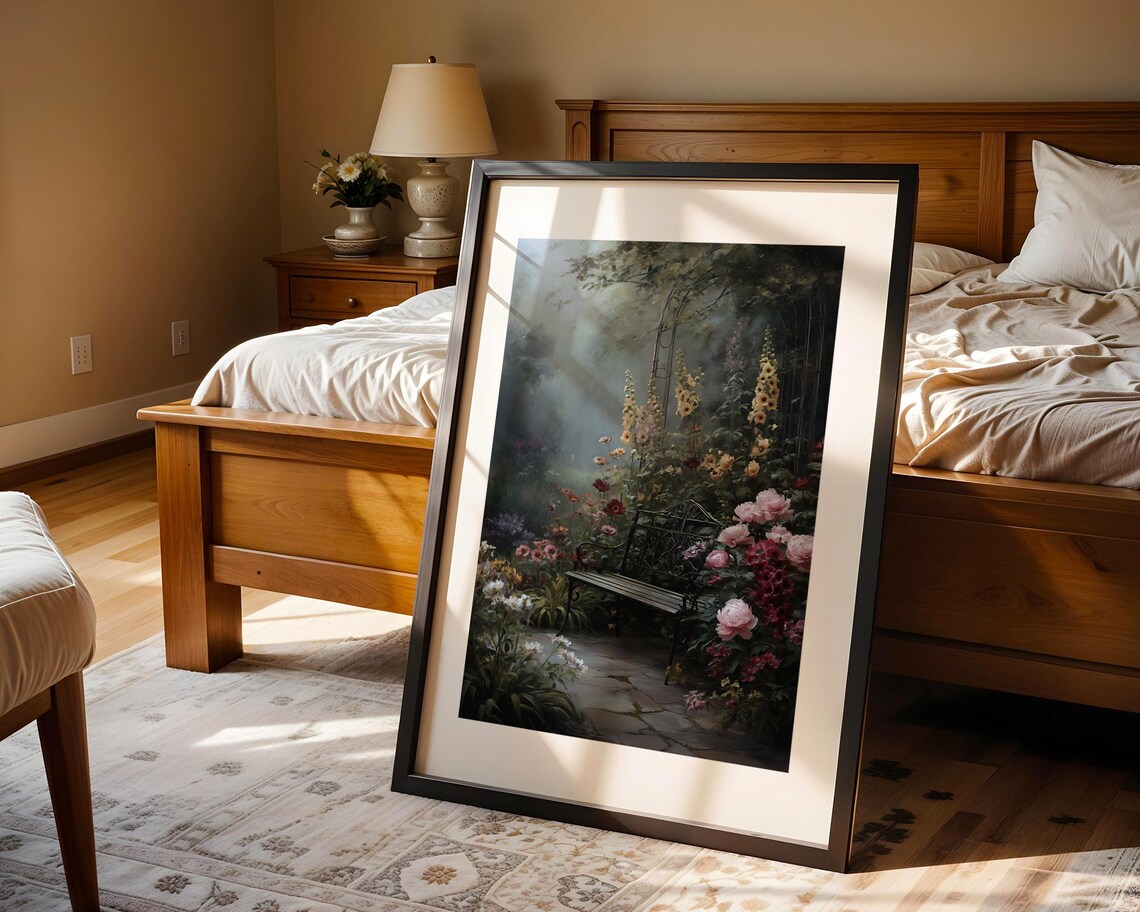 Moody Floral Garden Bench Oil Painting Cottage Garden Poster - Image 5