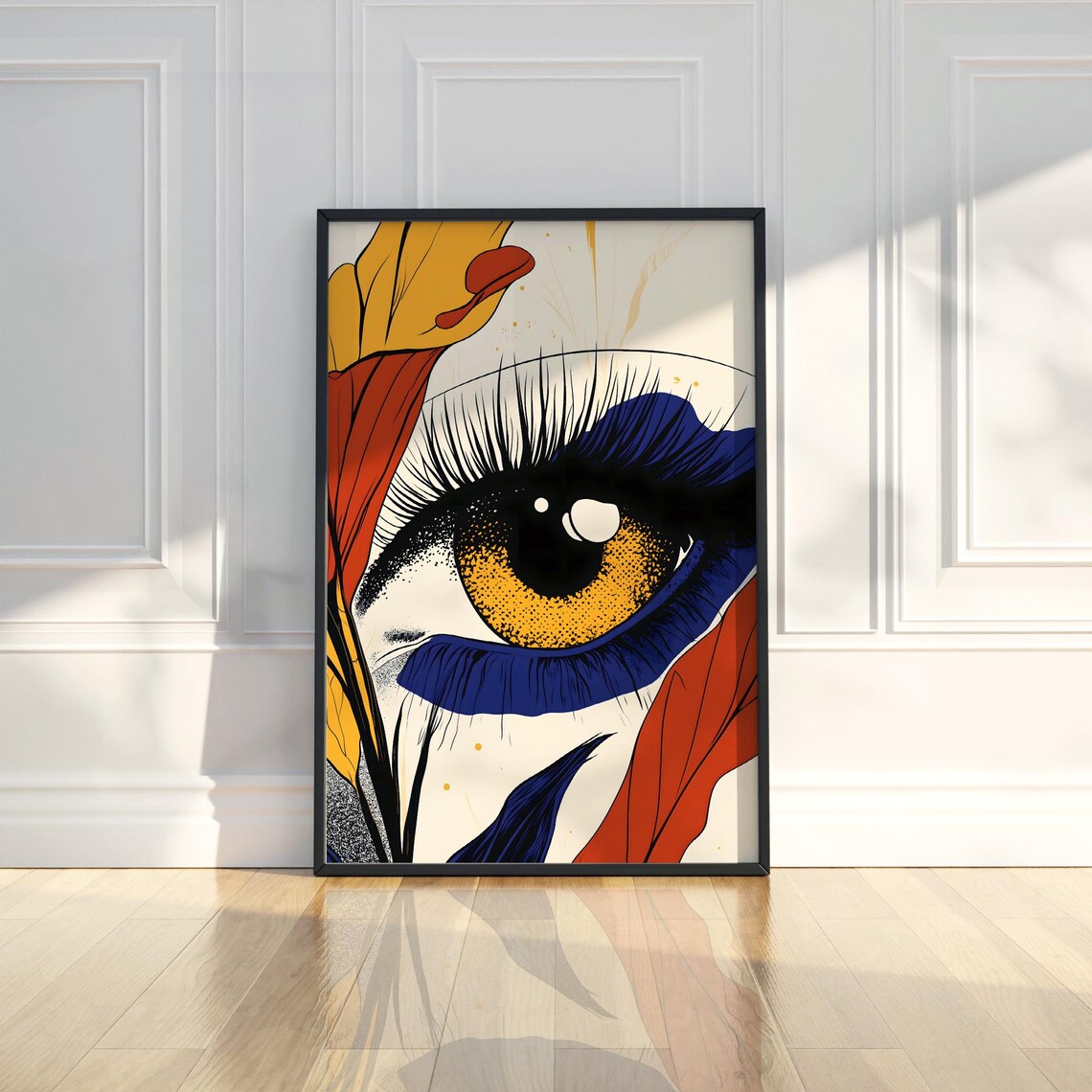 Striking Pop Art Eye Poster with Golden Iris and Bold Abstract Colors