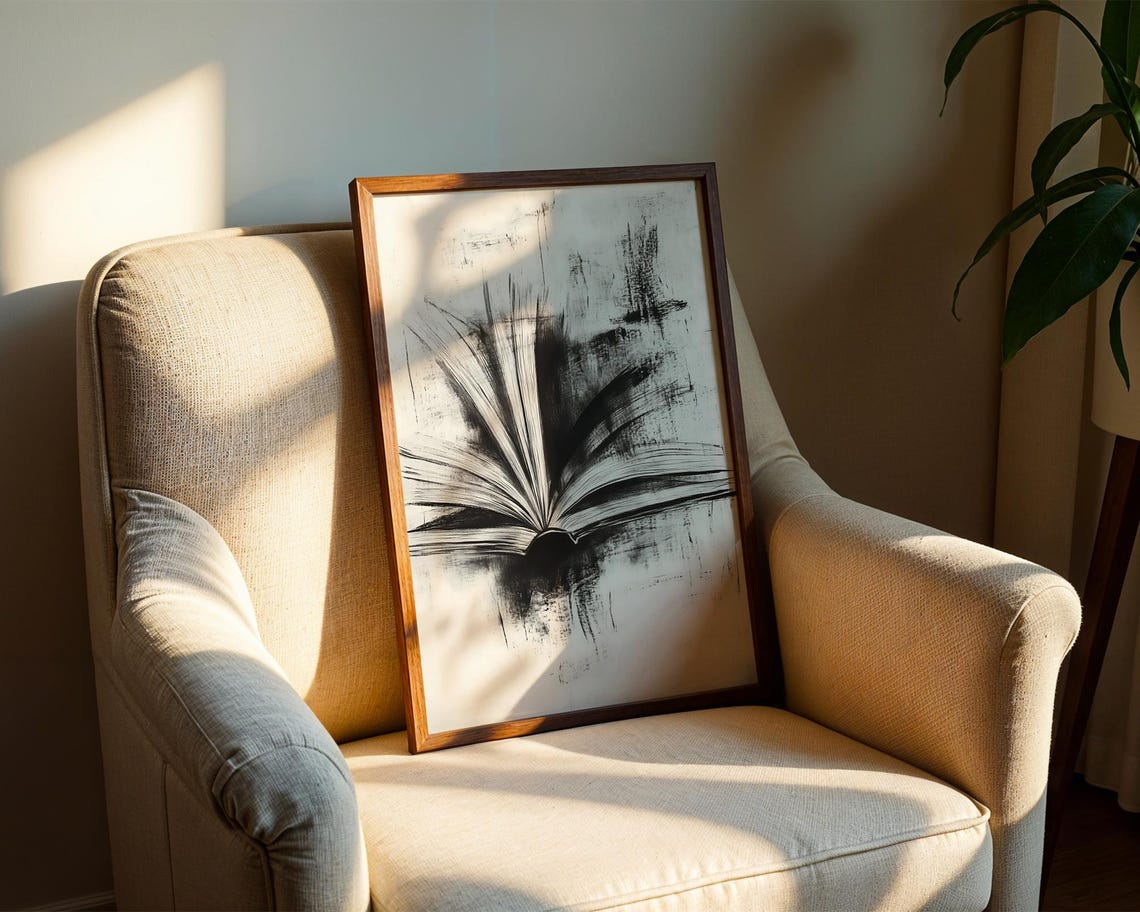 Magical Open Book With Flying Pages Black Charcoal Abstract Poster - Image 2
