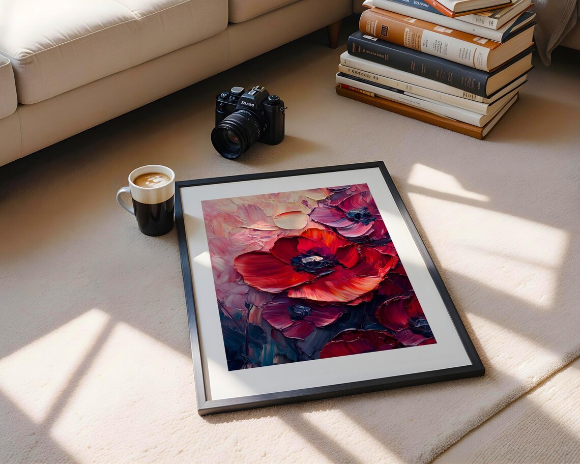 Bold Red Poppy Flowers Close Up Textured Impasto Oil Painting Poster - Image 5