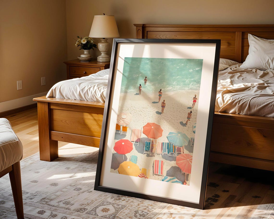 Minimalist Beach Aerial Pastel Umbrellas Swimmers Summer Ocean Poster - Image 4