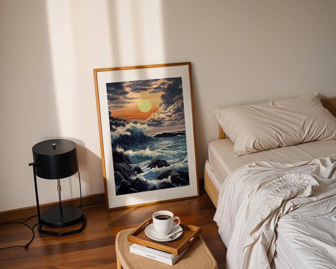 Ocean Wave Crashing Rocks Sunset Japanese Style Artwork Poster - Image 2