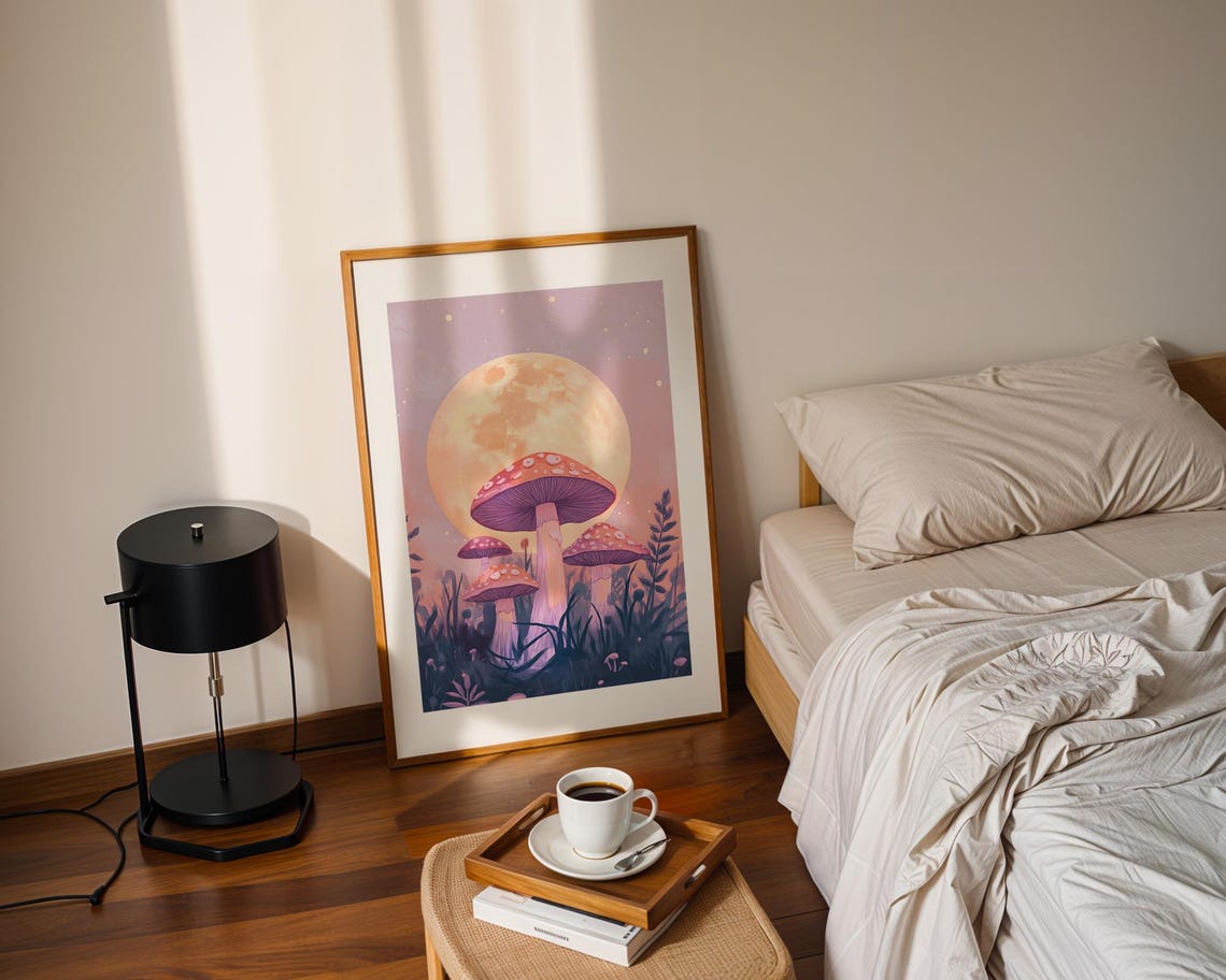 Red Spotted Mushrooms Under Giant Golden Moon Pastel Night Poster - Image 2