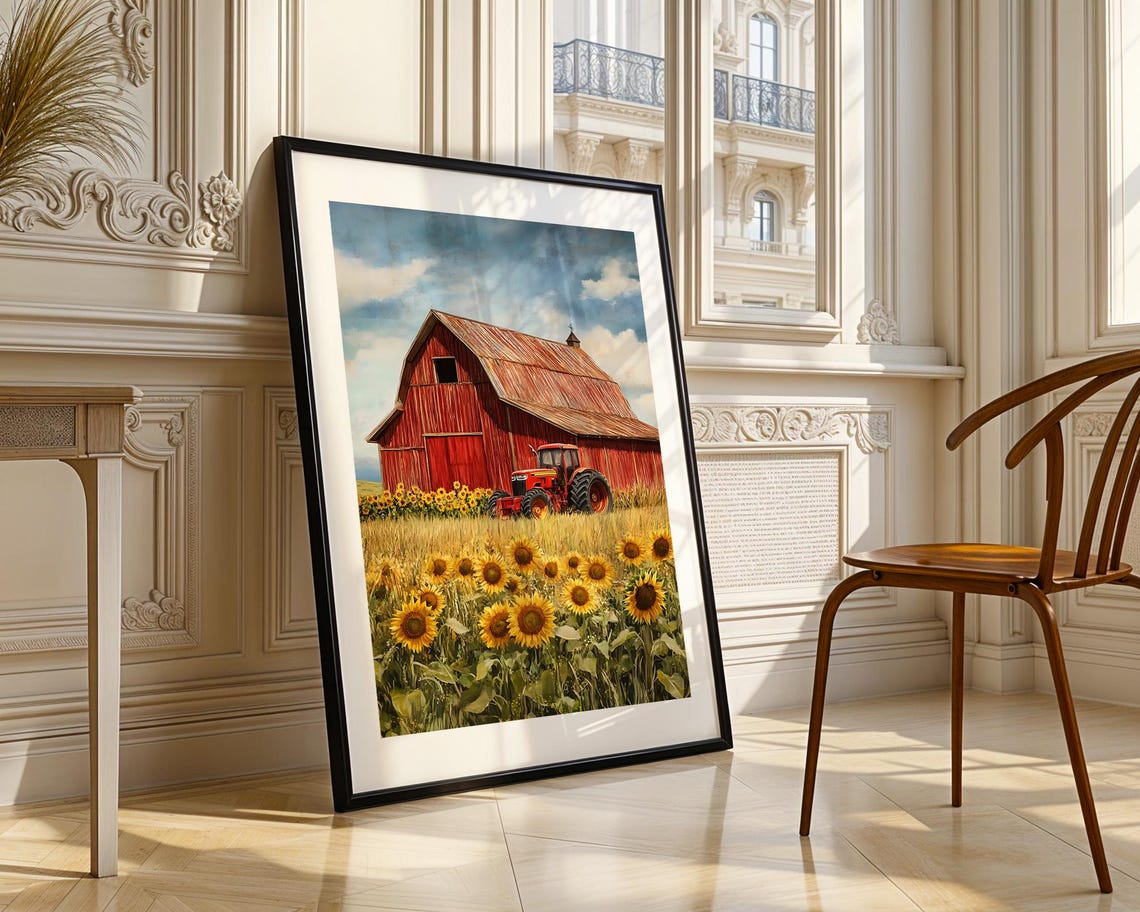 Red Barn Tractor Sunflower Field Watercolor Farm Scene Art Poster - Image 3