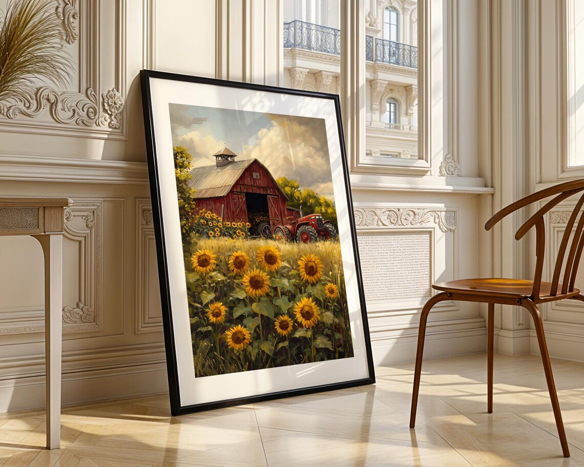Sunflower Field Red Barn Tractor Farm Landscape Painting Poster - Image 3