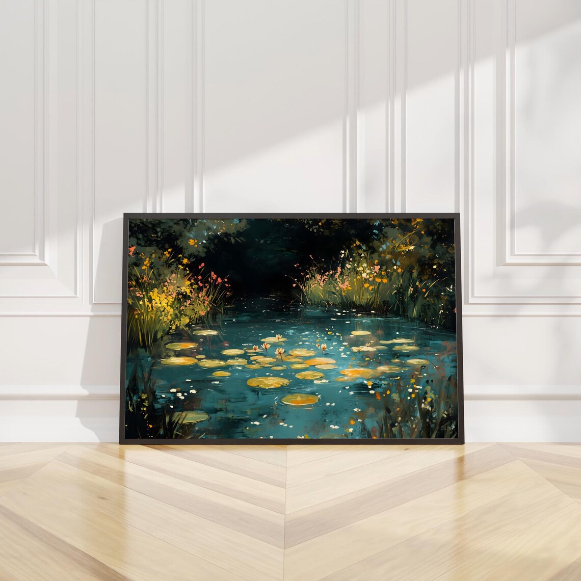 Dark Pond Water Lilies Impressionist Night Garden Floral Wall Art
