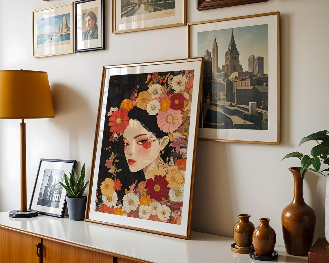 Woman Floral Portrait Colorful Flower Blooms Illustrative Art Poster - Image 5