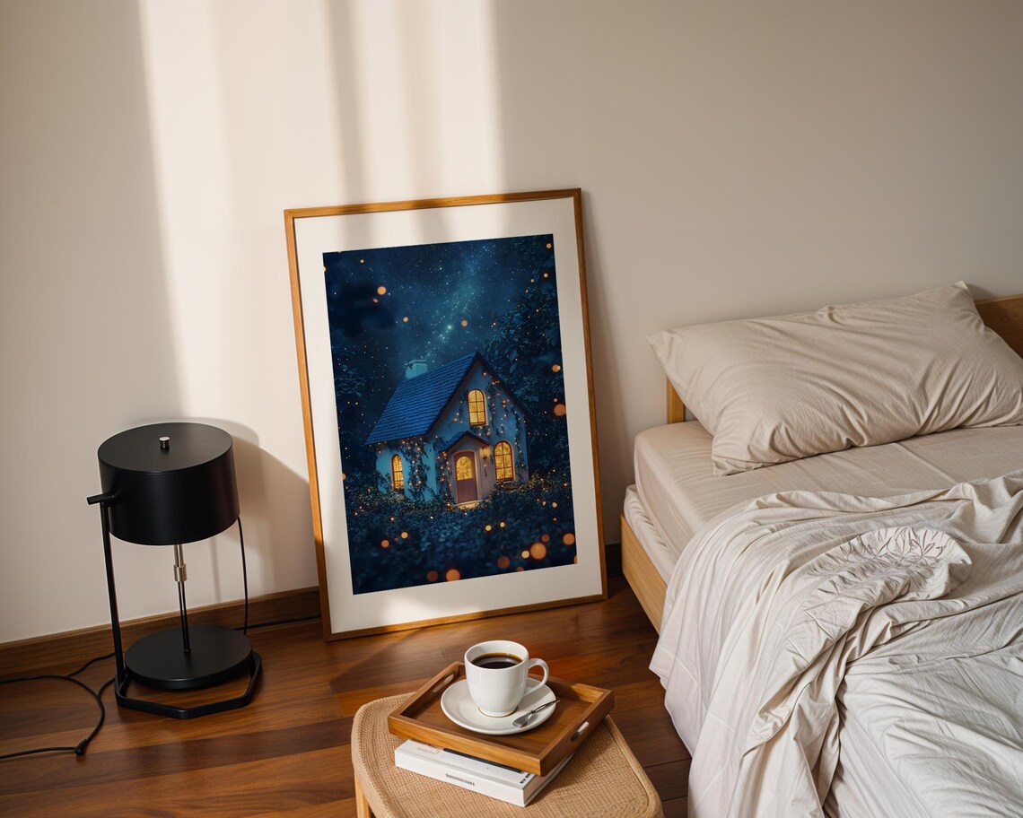 Cozy Cottage Under Starry Night Sky Fireflies Magical Fantasy Poster - Image 2