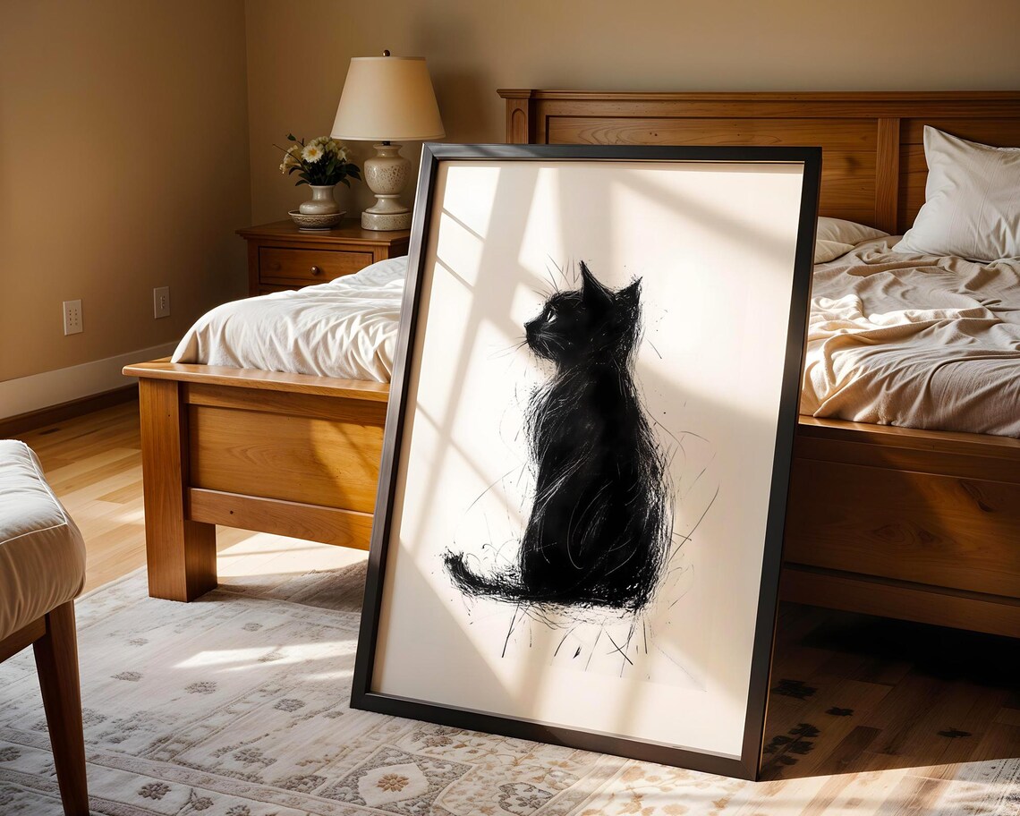 Black Cat Silhouette Ink Sketch Minimalist Feline Animal Wall Art - Image 5