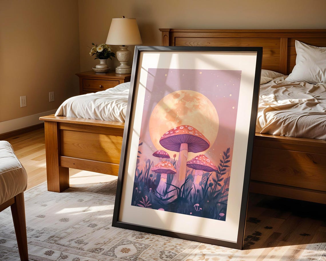 Red Spotted Mushrooms Under Giant Golden Moon Pastel Night Poster - Image 4