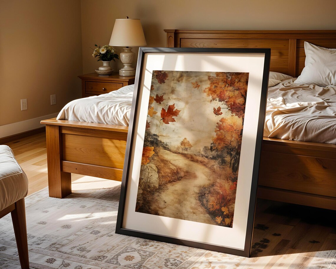 Vintage Autumn Path With Falling Maple Leaves Rustic Fall Painting Poster - Image 3