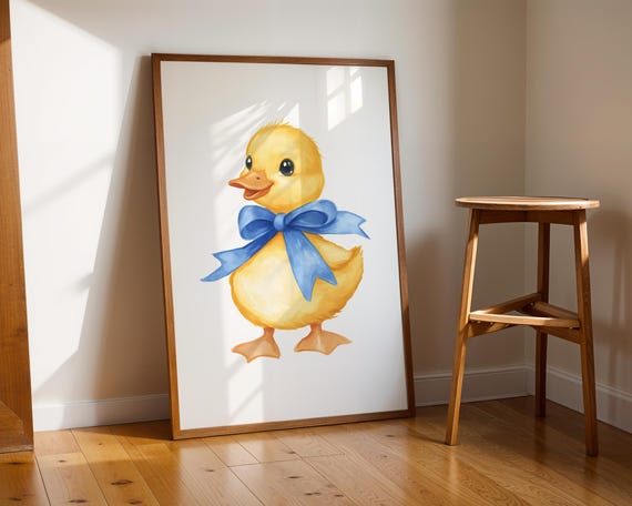 Yellow Duck With Blue Bow Nursery Wall Art Kids Room Illustration Trendy Modern Prints Decor Print Baby